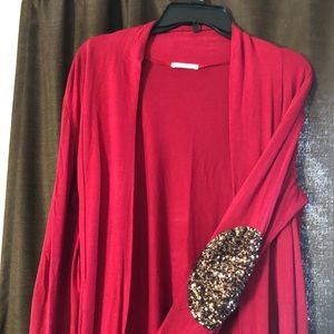 Red w/Gold Sequin cardigan/shawl sweater